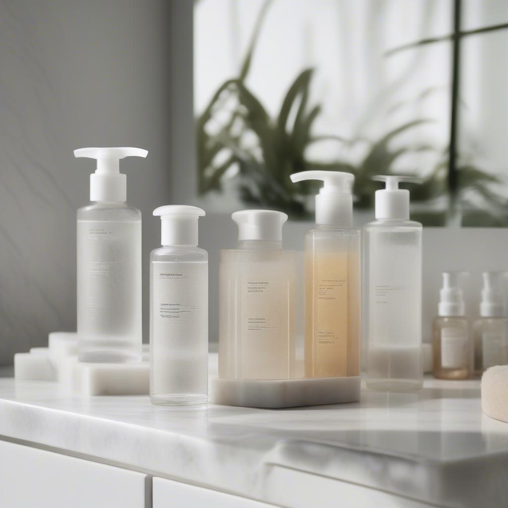 Glass face wash bottles on a bathroom shelf