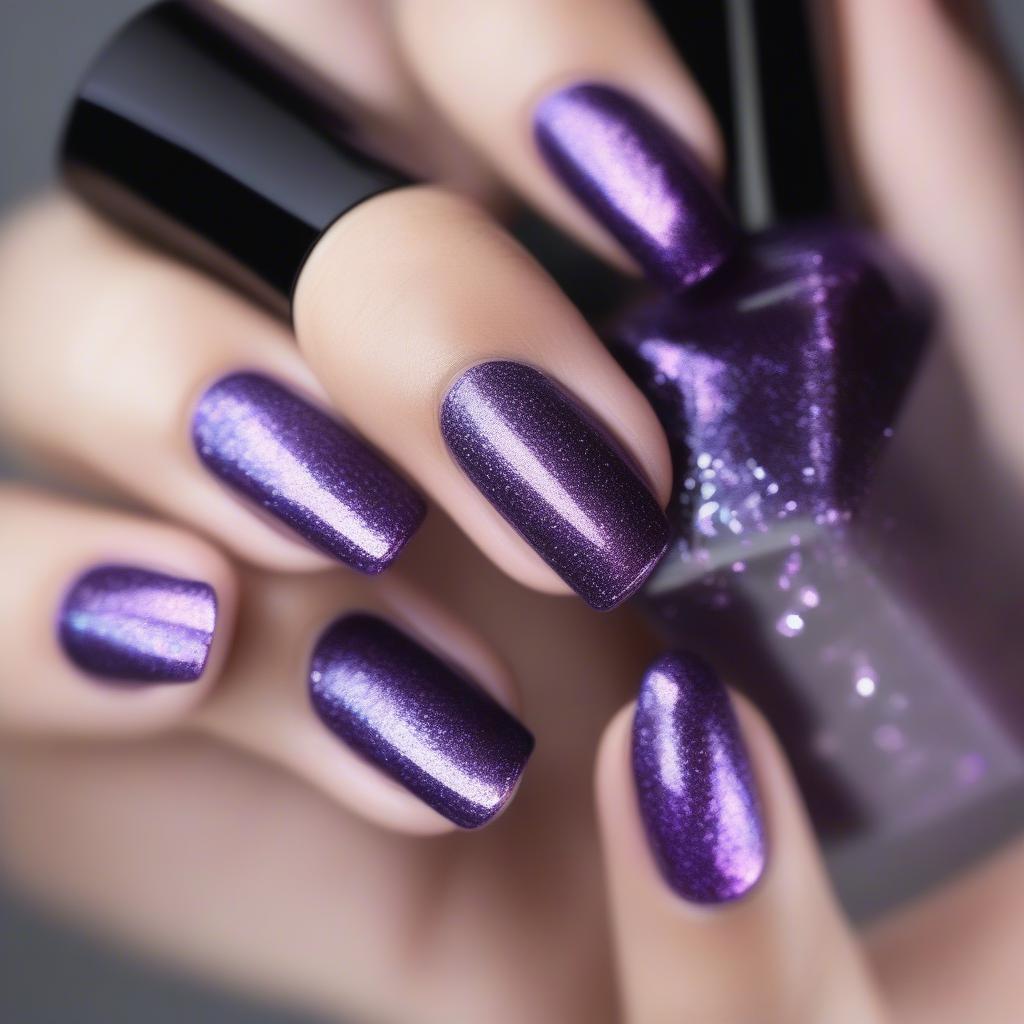 Various shades of glitter purple nail polish, from light lilac to deep violet, showcasing different glitter sizes and finishes.