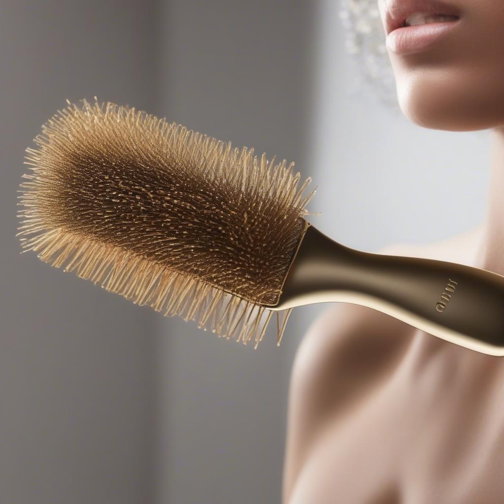 Gold hair brush reducing static electricity in dry, frizzy hair