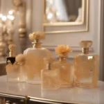 Golden flower perfume bottles displayed on a vanity table