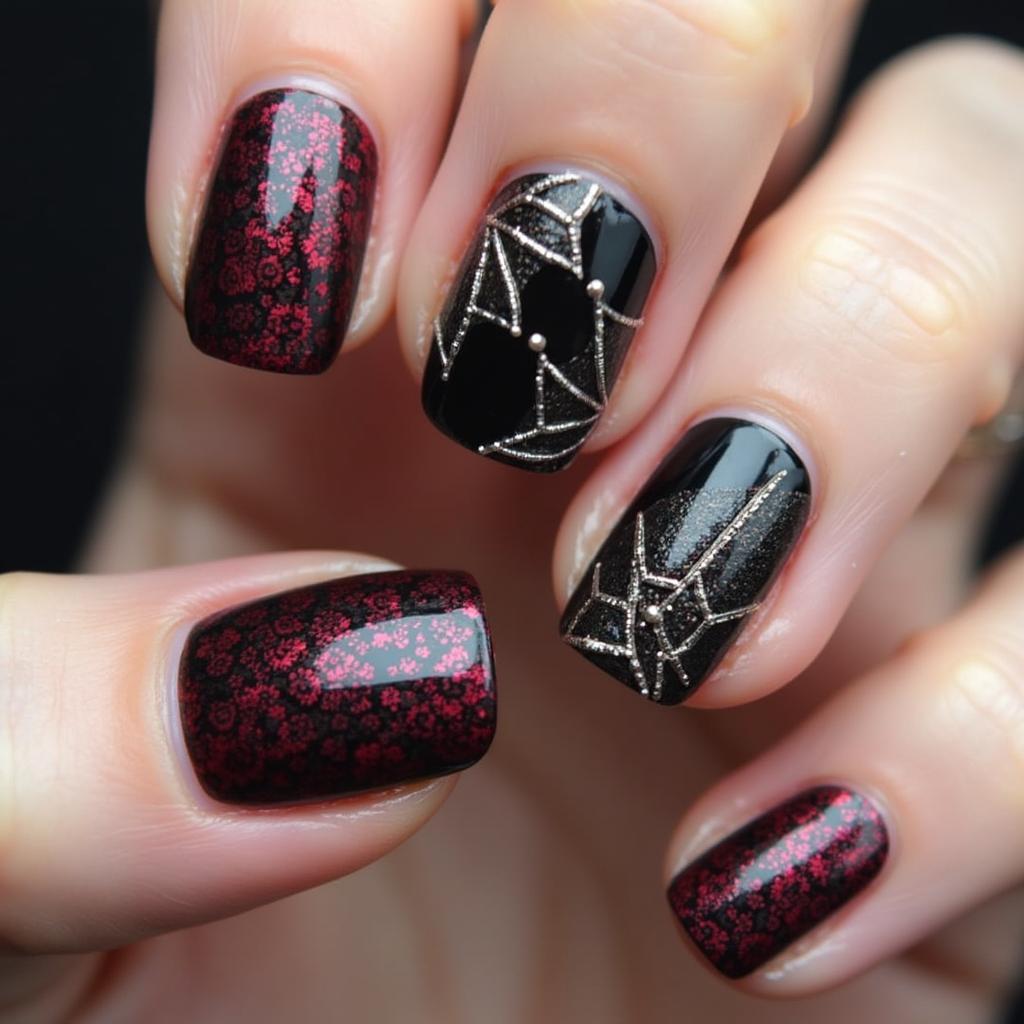 Gothic Glam Spooky Nails with Dark Colors and Intricate Designs