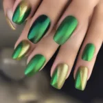 Green and gold nail polish combinations on different nail shapes