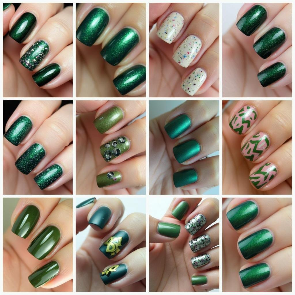 A collage showcasing various green metallic nail art designs, including accent nails, glitter, ombre, and geometric patterns.