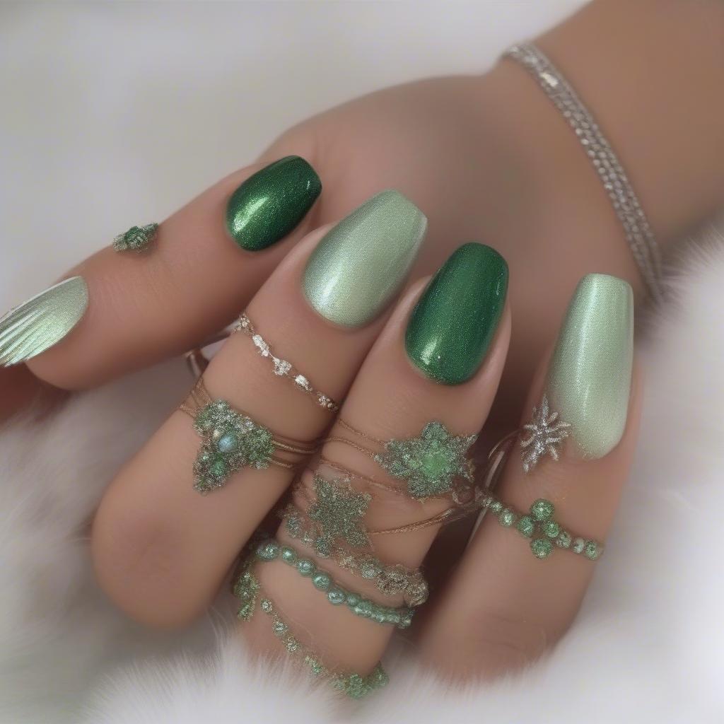 Green shimmer nail polish applied on hands with various accessories