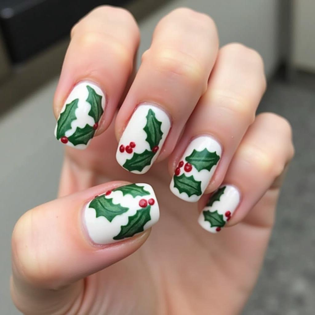 Green and white Christmas nails with holly leaves and berries