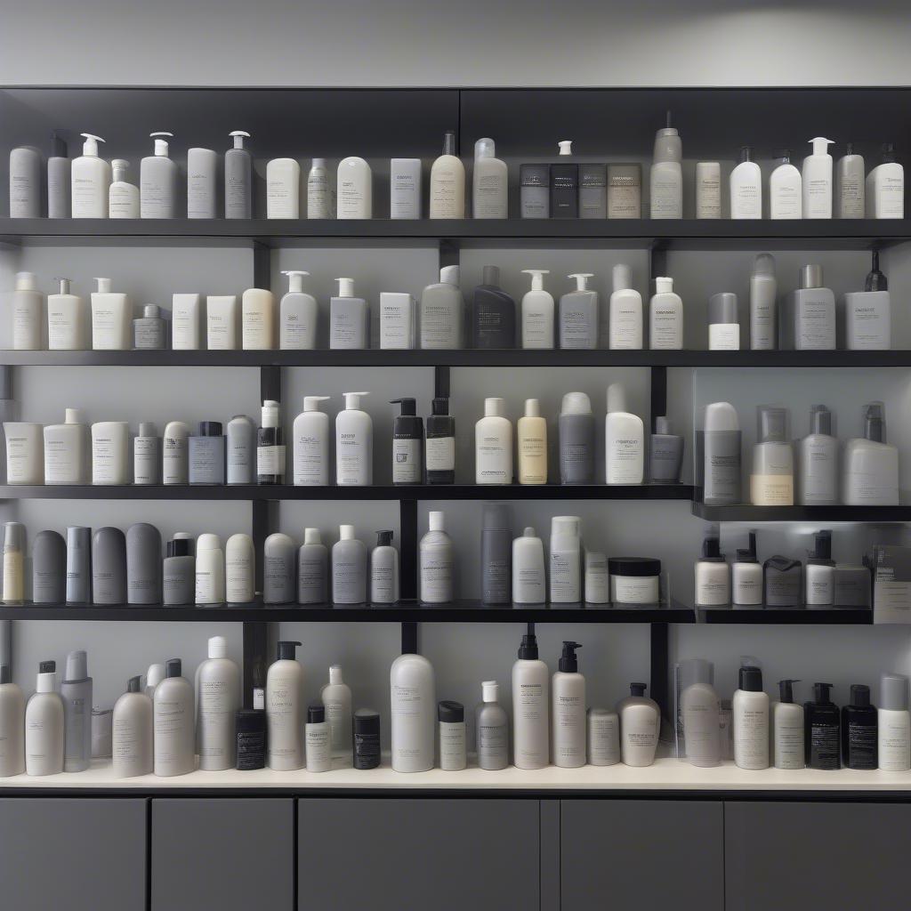 Various grey bottle shampoos on a shelf