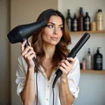 Hair dryer vs. flat iron:  A woman comparing a hair dryer and a flat iron.