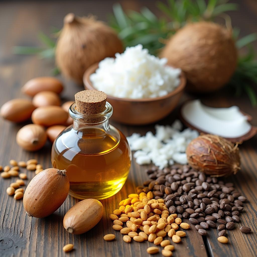 Close up of various ingredients used in hair oil.