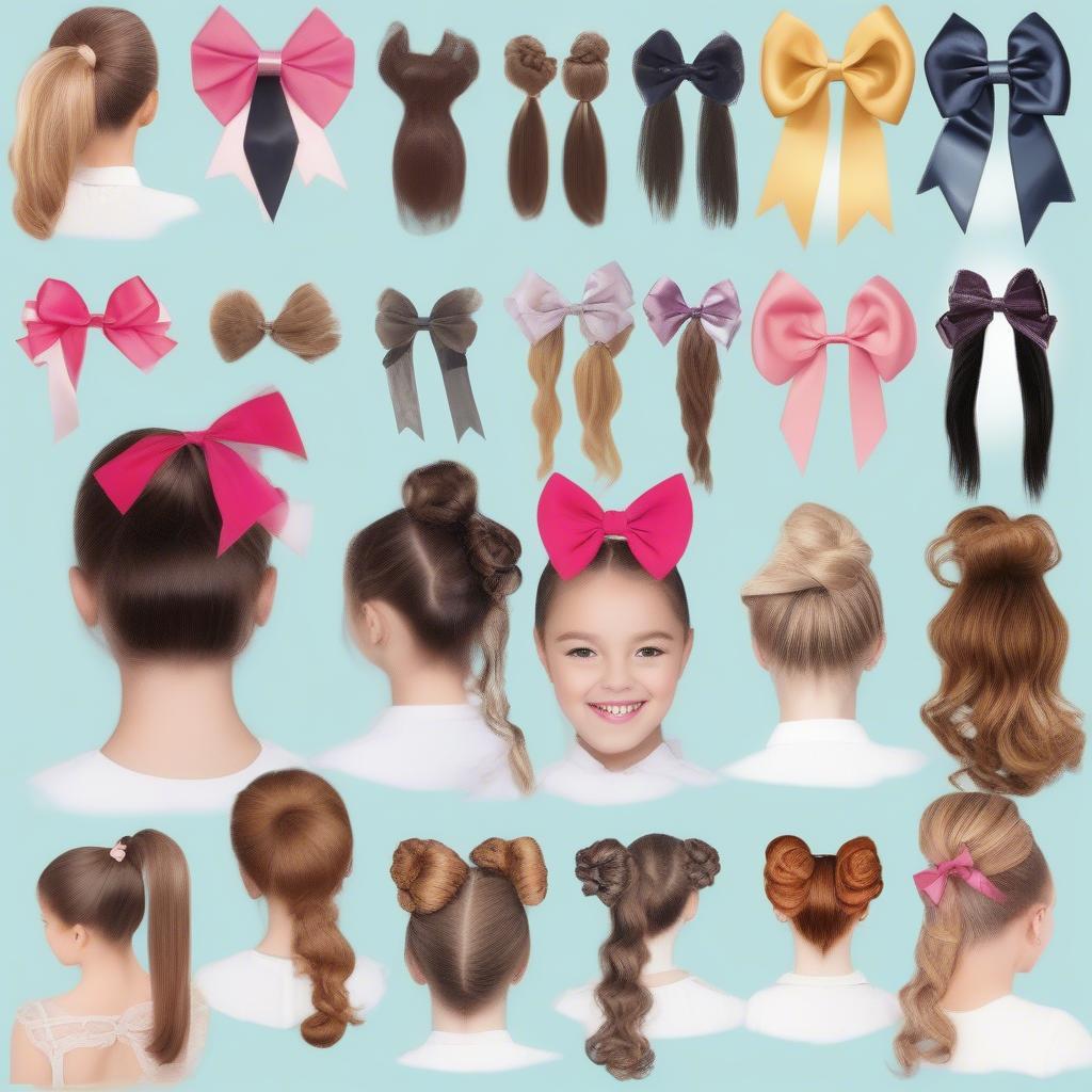 Examples of different hairstyles adorned with hair bows, including ponytails, pigtails, and half-updos.