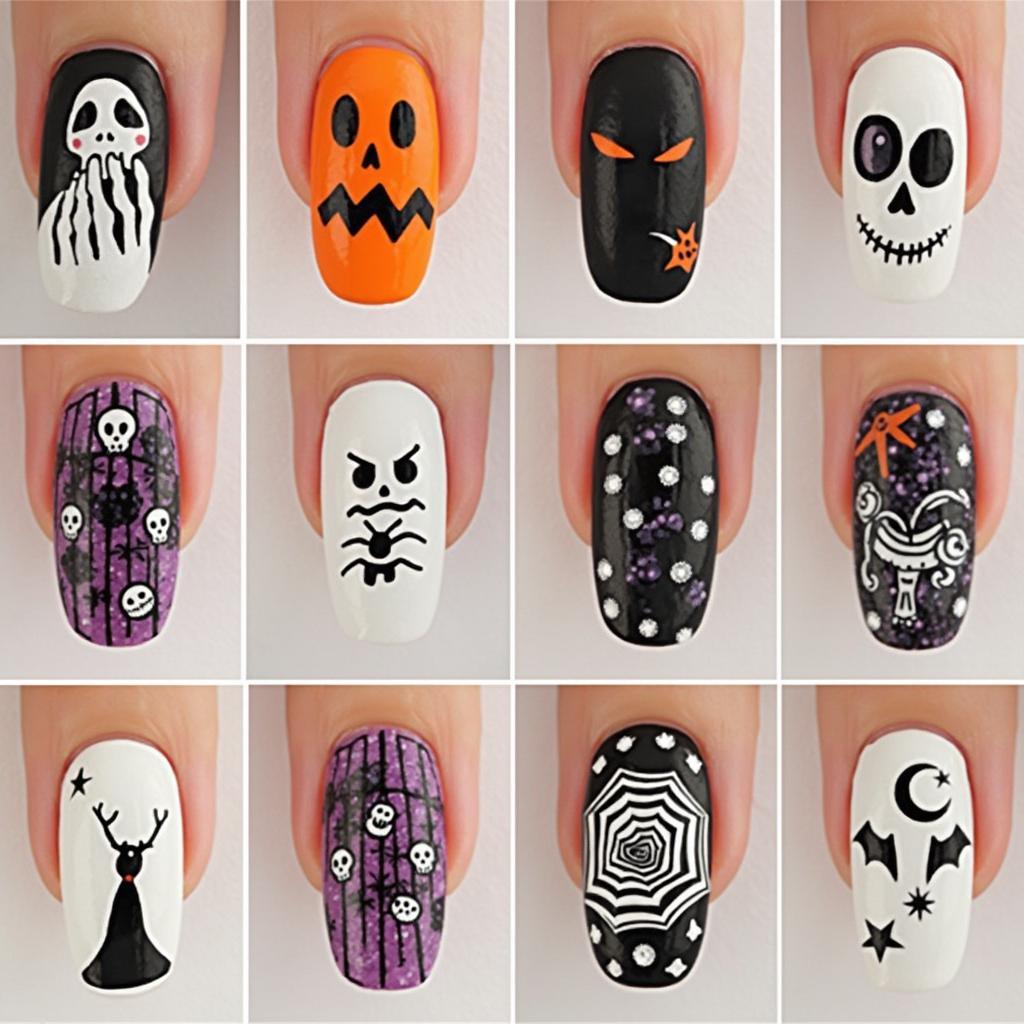 Several examples of creative Halloween nail art using stickers, glitter, and other embellishments.