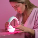 A woman holding a small, portable UV nail lamp, curing her gel manicure.