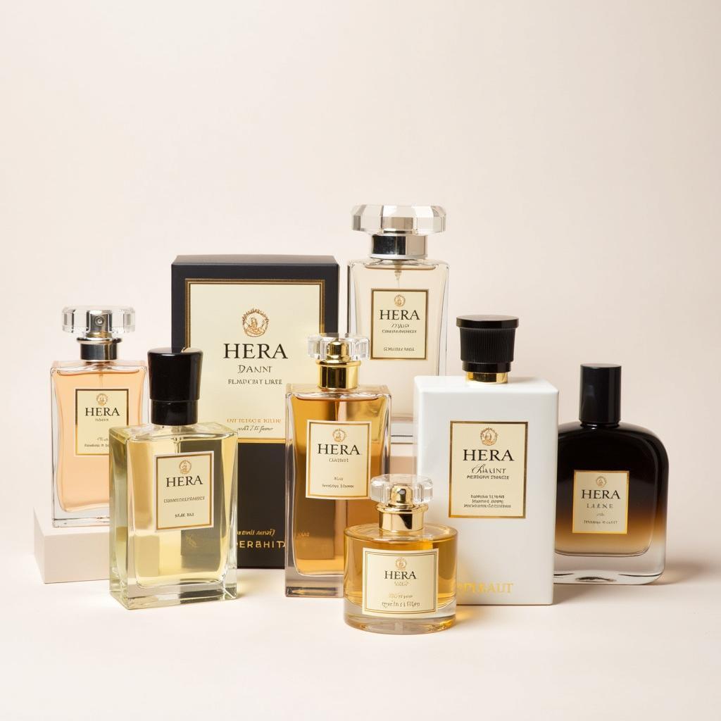 Hera Perfume Coreano Collection showcasing different bottles and packaging designs with various color palettes and styles