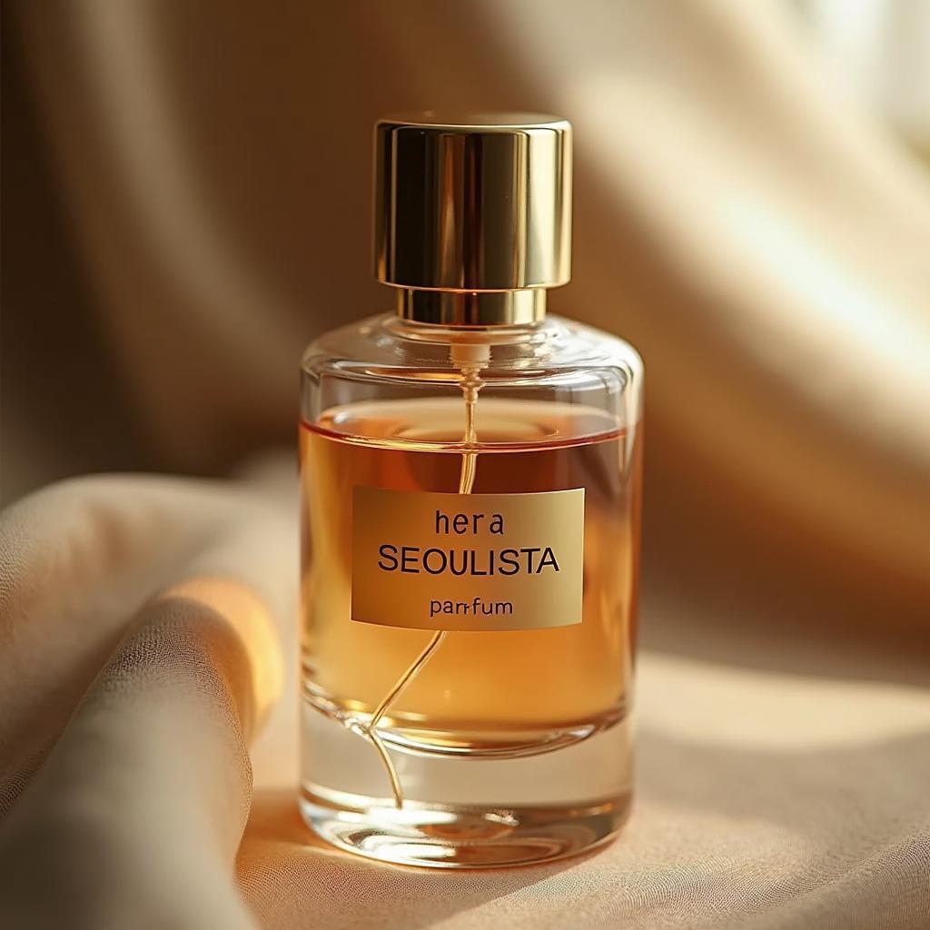 Close-up shot of the Hera Seoulista perfume bottle, highlighting its unique design and color