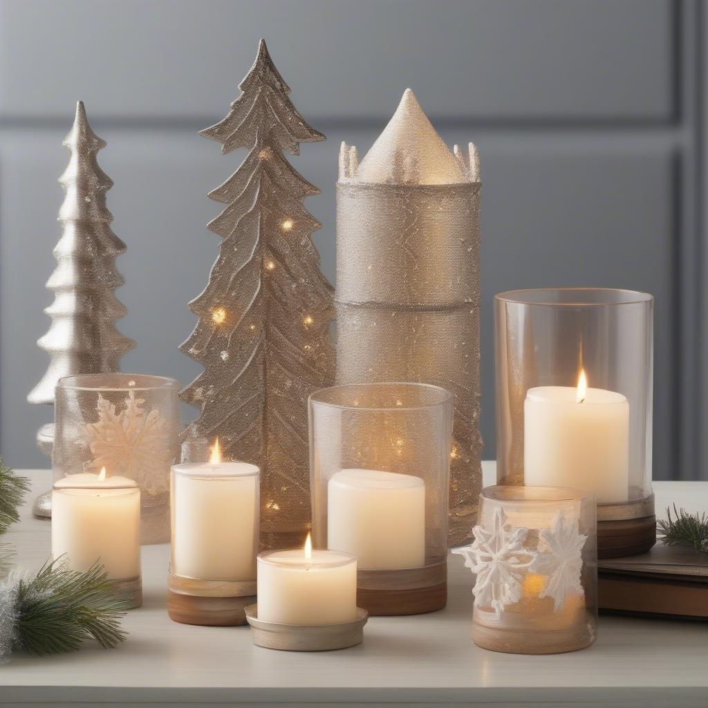 A variety of holiday votives in different shapes, colors, and designs.