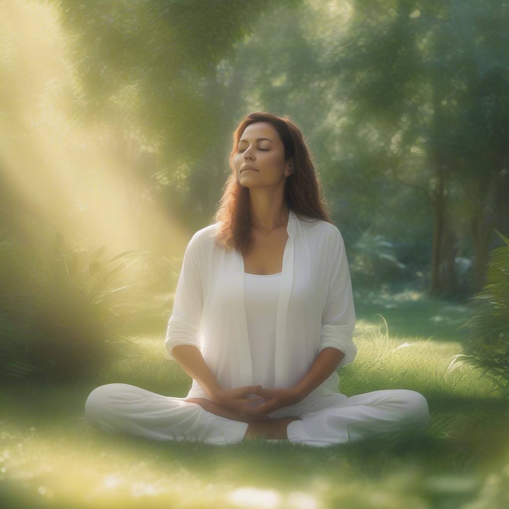 A woman meditating in a peaceful setting, surrounded by nature, emphasizing the importance of stress management for overall well-being.