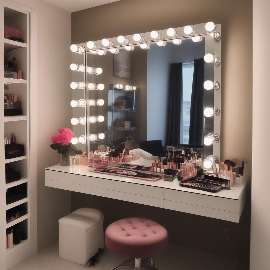 A Hollywood-style light up mirror in a dressing room.