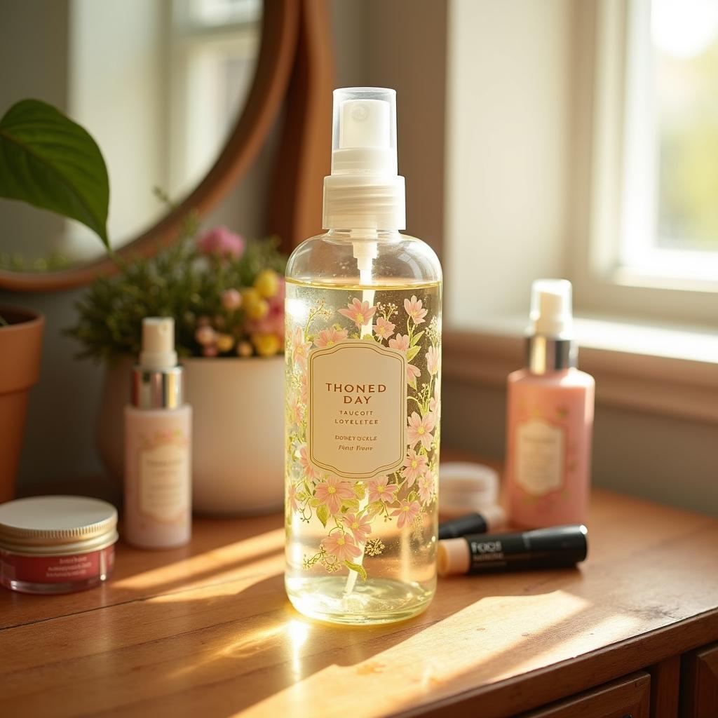 Honeysuckle body spray bottle elegantly placed on a dressing table with other beauty products.