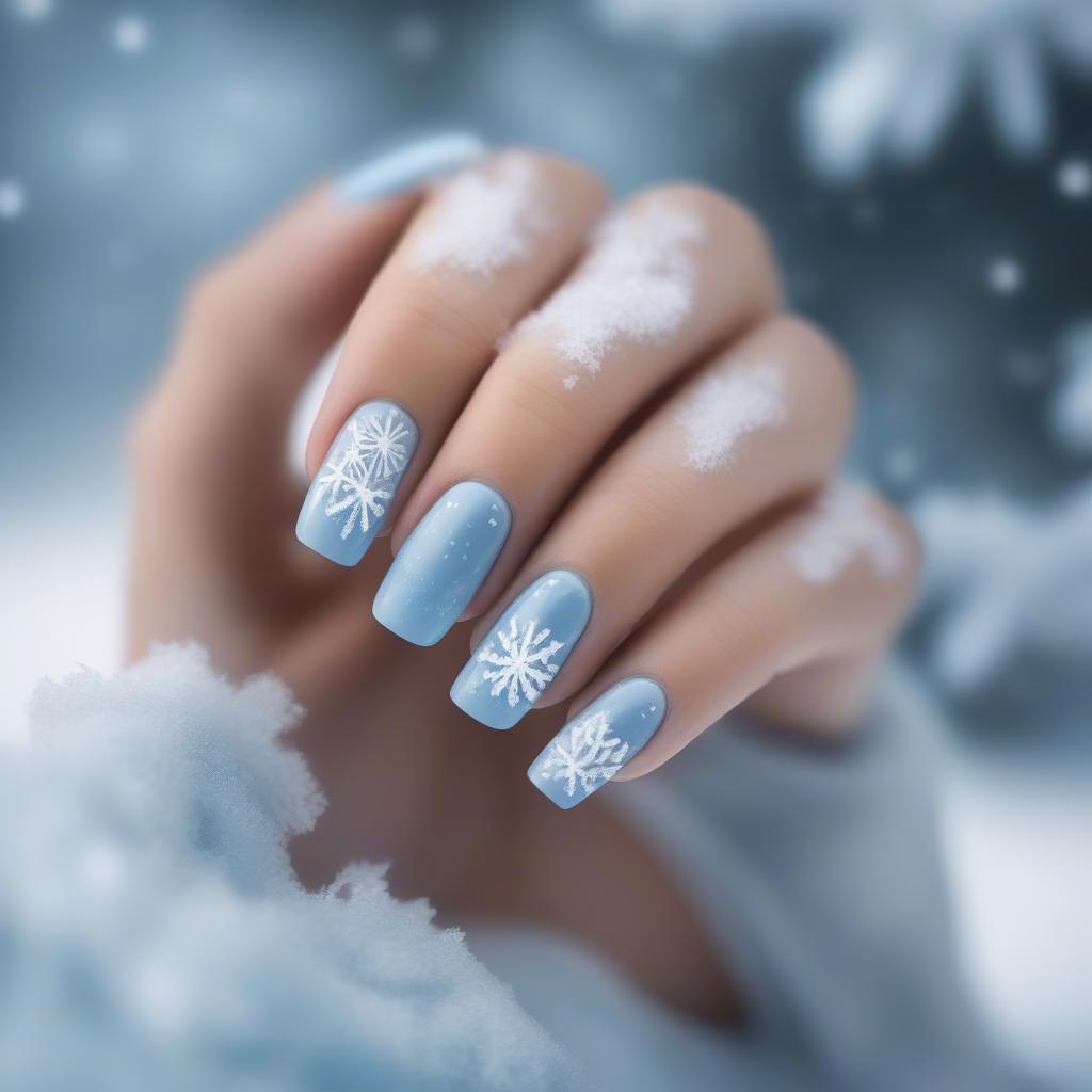 Icy blue December nails adorned with delicate snowflake designs, perfect for a winter wonderland vibe.