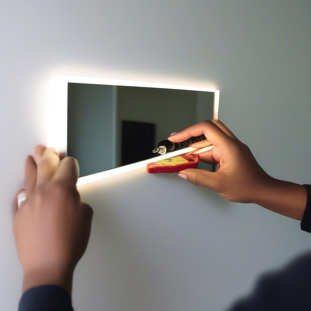 A person installing a light up mirror on a bathroom wall.