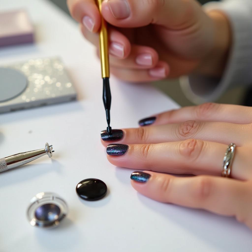 Applying iridescent black nail polish