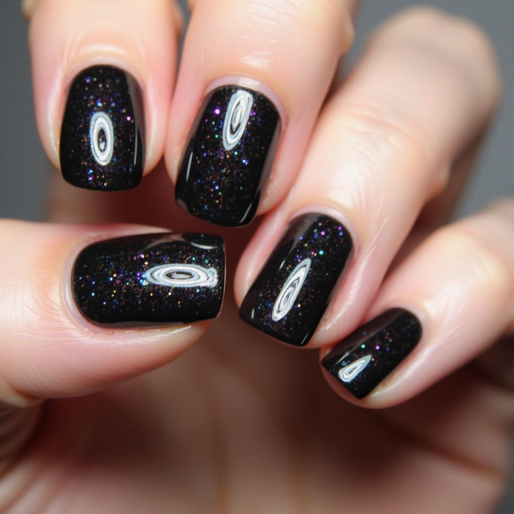 Close-up of iridescent black nail polish on nails