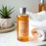 A bottle of Japanese vitamin C toner on a vanity table with other skincare products.