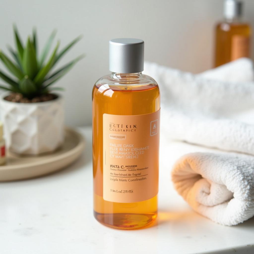 A bottle of Japanese vitamin C toner on a vanity table with other skincare products.