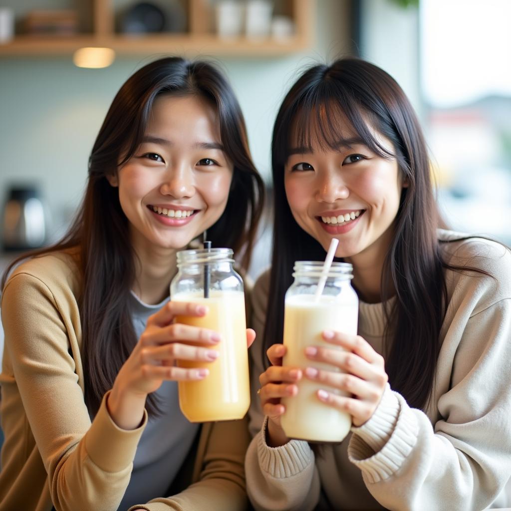 Japanese women enjoying collagen drinks for radiant skin