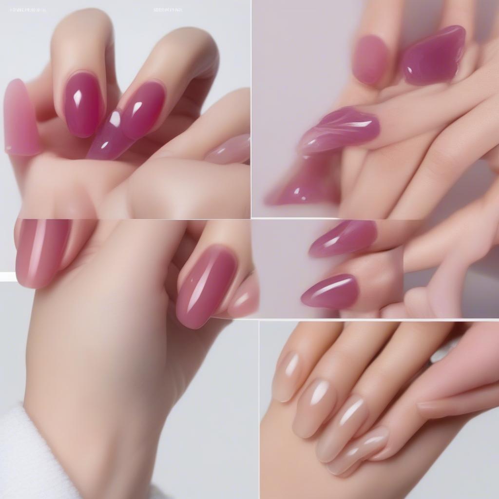 Step-by-step application of Korean jelly gel polish on nails, including base coat, color coats, and top coat.