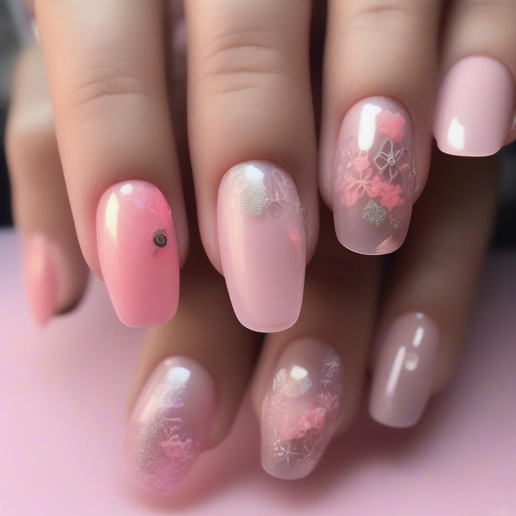 Several examples of nail art using jelly pink gel polish as a base. Designs include glitter accents, floral patterns, and minimalist geometric shapes.