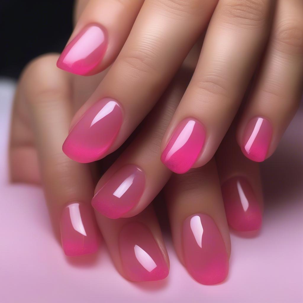 Close-up of a hand with perfectly manicured nails featuring a vibrant jelly pink gel polish. The nails are almond-shaped and showcase the translucent quality of the polish.