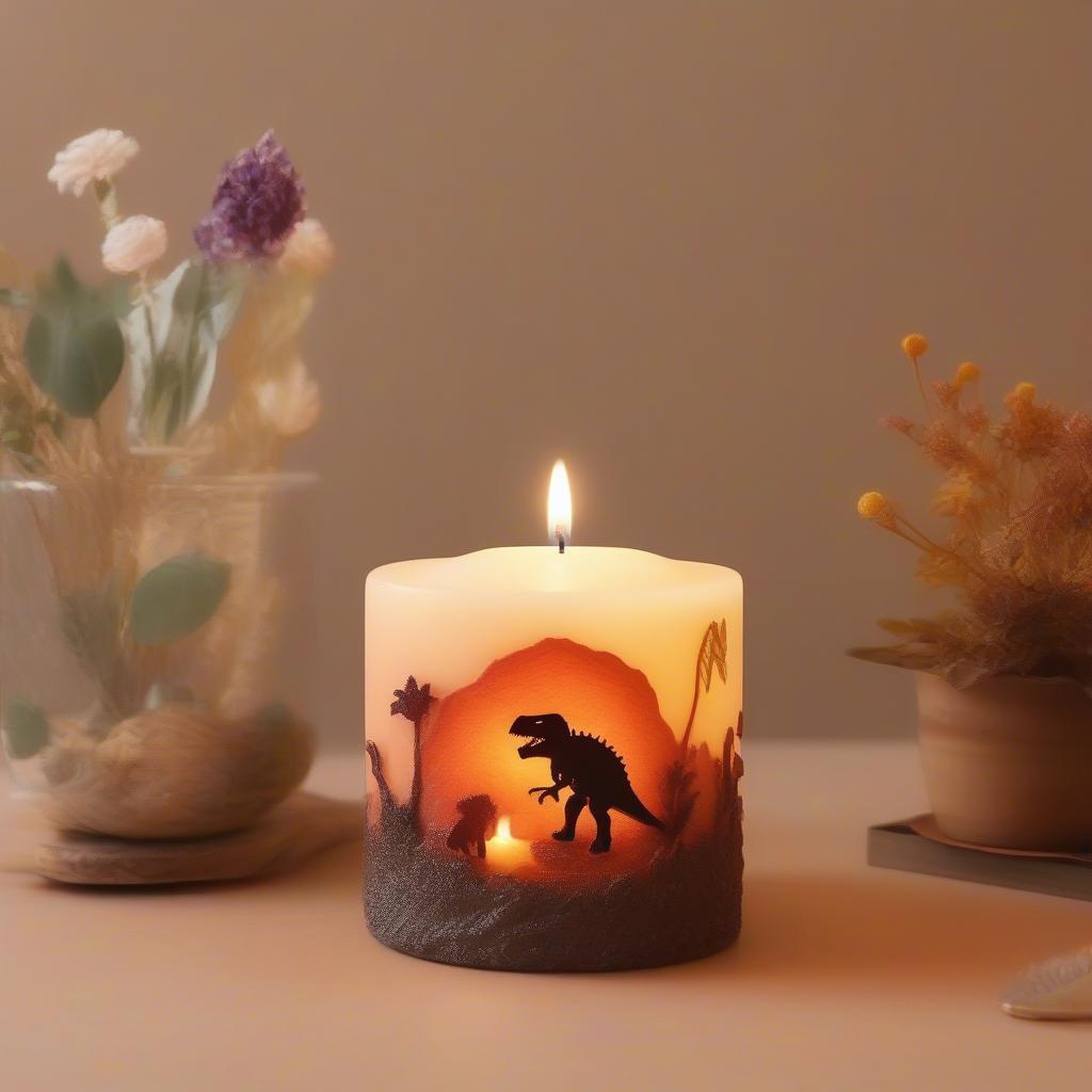 Jurassic Flower Candle Ambiance: Lit candle creating a warm, inviting atmosphere in a room with prehistoric-themed decor.