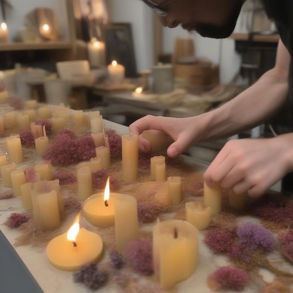 Creating a Jurassic Flower Candle: Arranging dried flowers in a mold and pouring melted wax.