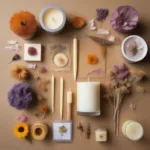 Jurassic Flower Candle Materials: Soy wax, beeswax, wicks, and dried flowers embedded within the wax.