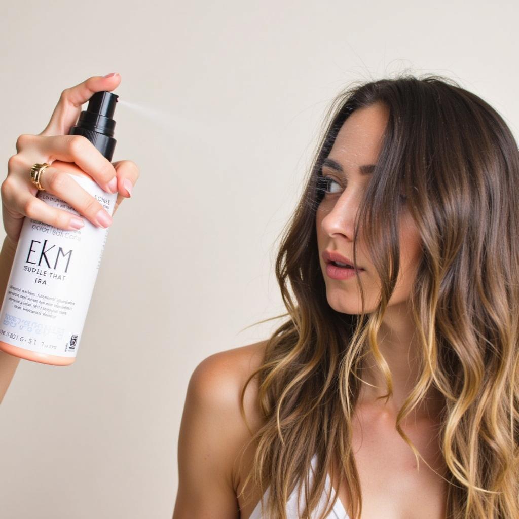 Applying kms california sea salt spray to damp hair