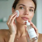 A woman applying Korean exfoliating toner to her face with a cotton pad