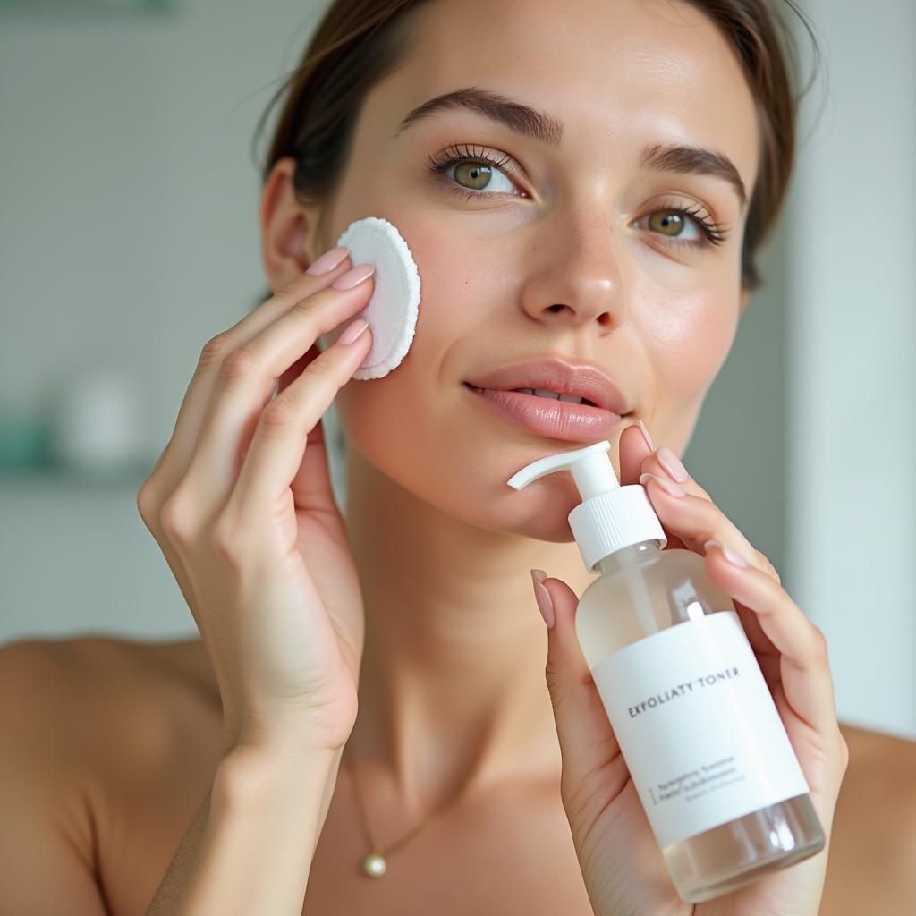 A woman applying Korean exfoliating toner to her face with a cotton pad