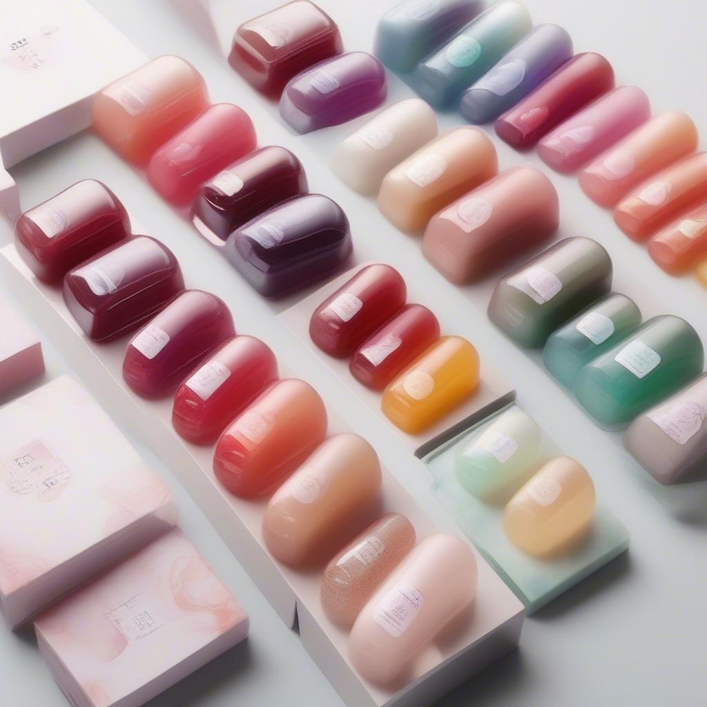 A collection of different Korean jelly gel polish brands, showcasing their packaging and color ranges.