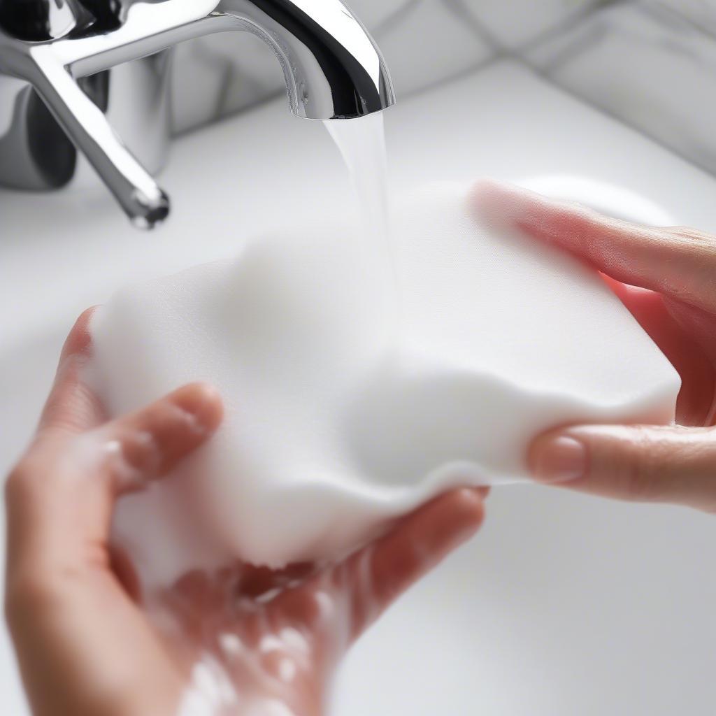 Hands lathering a shampoo sheet, creating a rich foam.