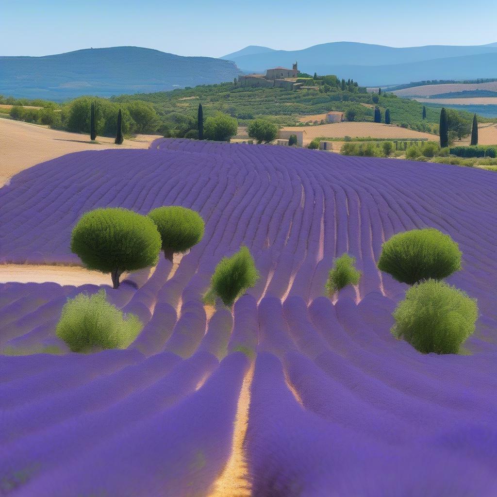 Vast lavender fields in Provence, France, under a clear blue sky.