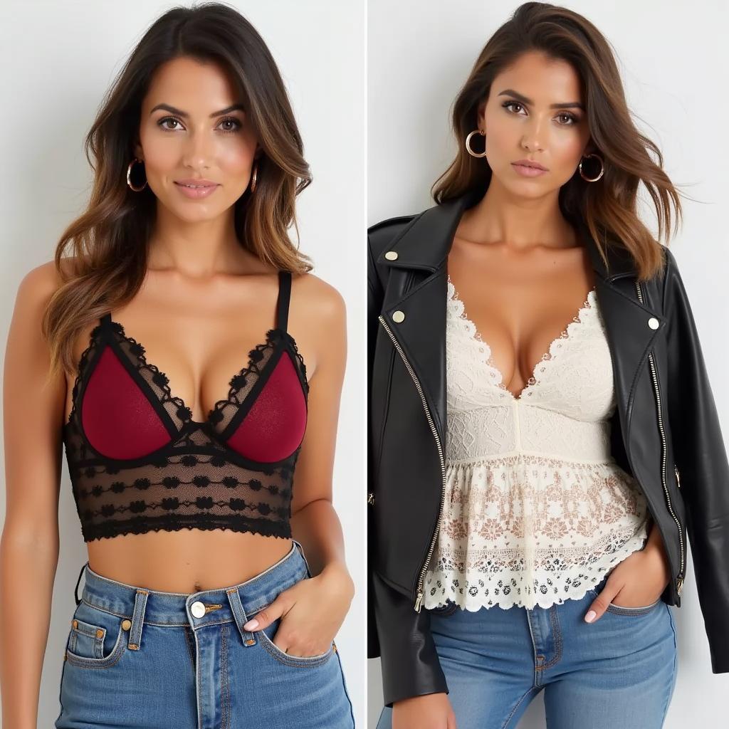 Examples of layering nipple pierced tops with different undergarments and jackets