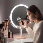 Woman Applying Makeup with LED Small Mirror