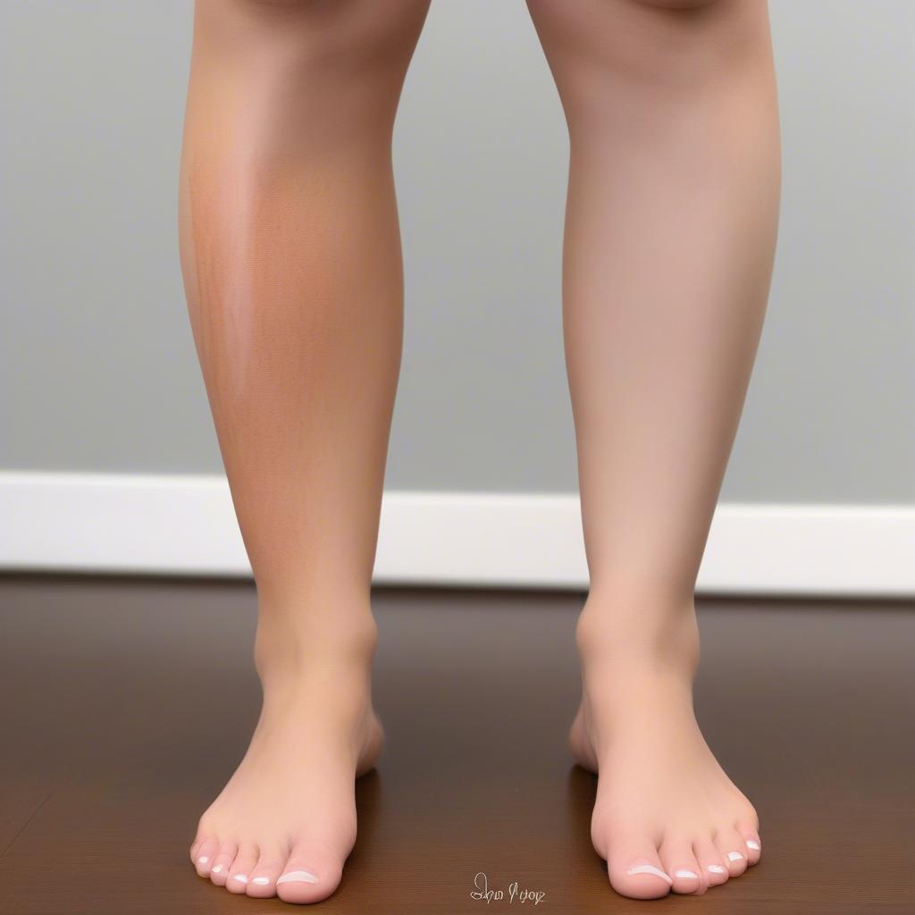 Before and after application of makeup to cover spider veins on legs