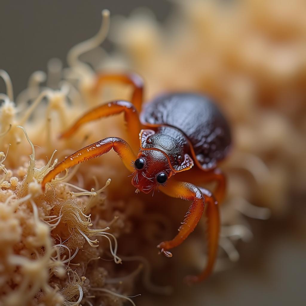 Magnified view of lice on a curly hair strand