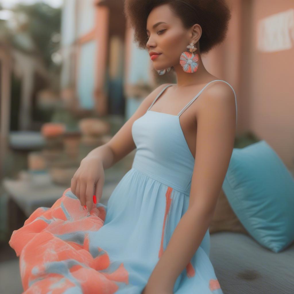 Light Blue Dress with Coral Nails