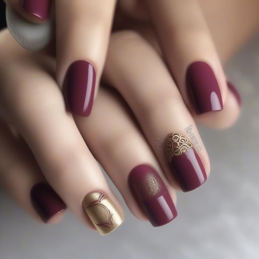 Light Burgundy Nails with Gold Accent Nail Art