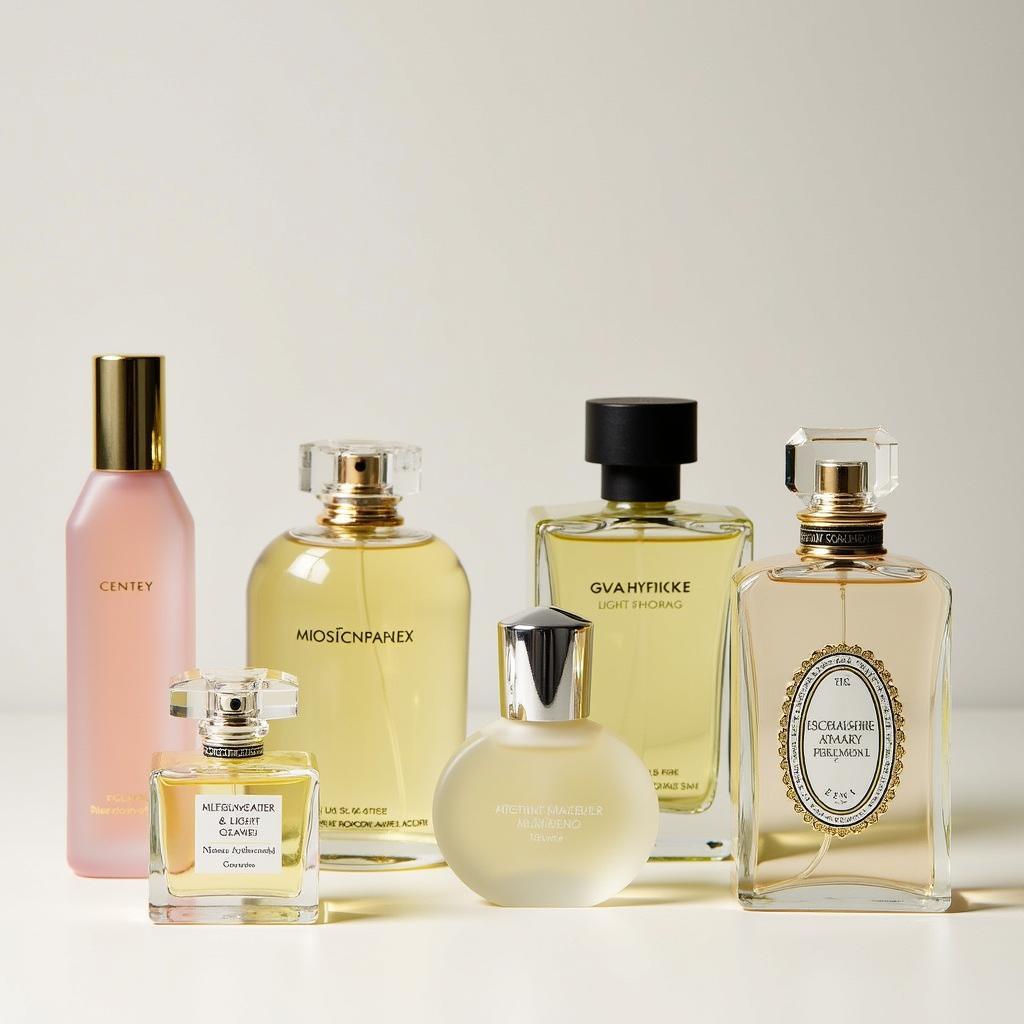 Different bottles of light floral perfumes, showcasing the variety available.