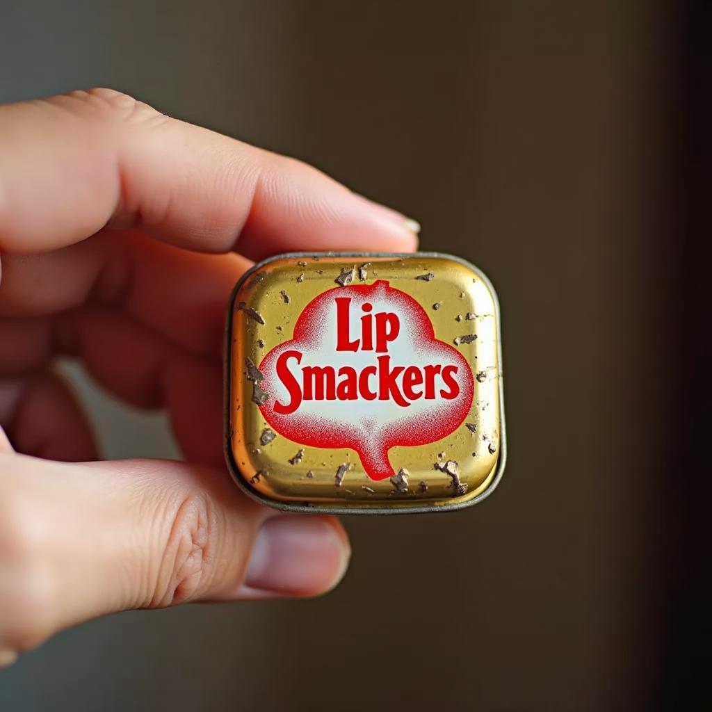 A close-up of a hand holding a vintage lip smackers tin, evoking feelings of nostalgia and childhood memories.