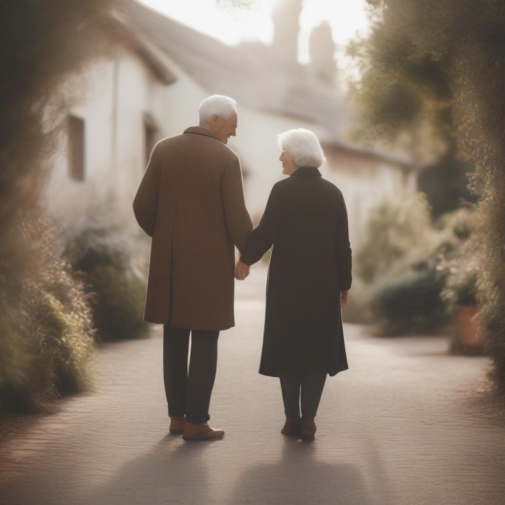 An older couple holding hands and smiling at each other