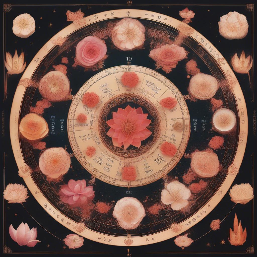 Lotus Flowerbomb and the Zodiac: A stylized representation of the zodiac wheel with each sign associated with a specific element of the Lotus Flowerbomb fragrance.